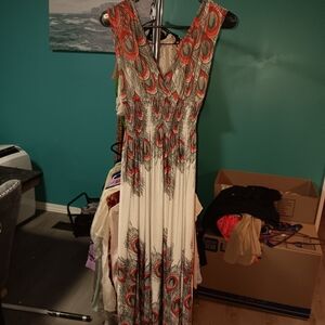 Elegant Multicolor Peacock Feather Print Dress